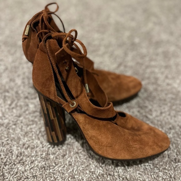 Free People Nouvella Wrap Brown Heels Suede Leather Wooden Heel,size 6.5 - Picture 10 of 13